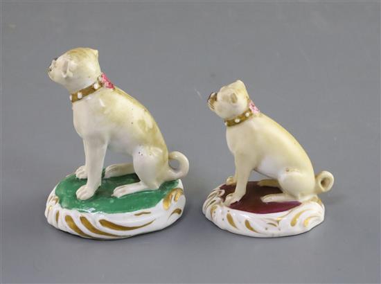 Two Rockingham porcelain figures of seated pugs, c.1830, H. 6.4cm and 5.5cm
